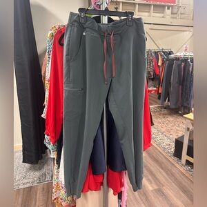 Figs Zamora jogger scrub bottoms sage green moss color with burgundy drawstrings